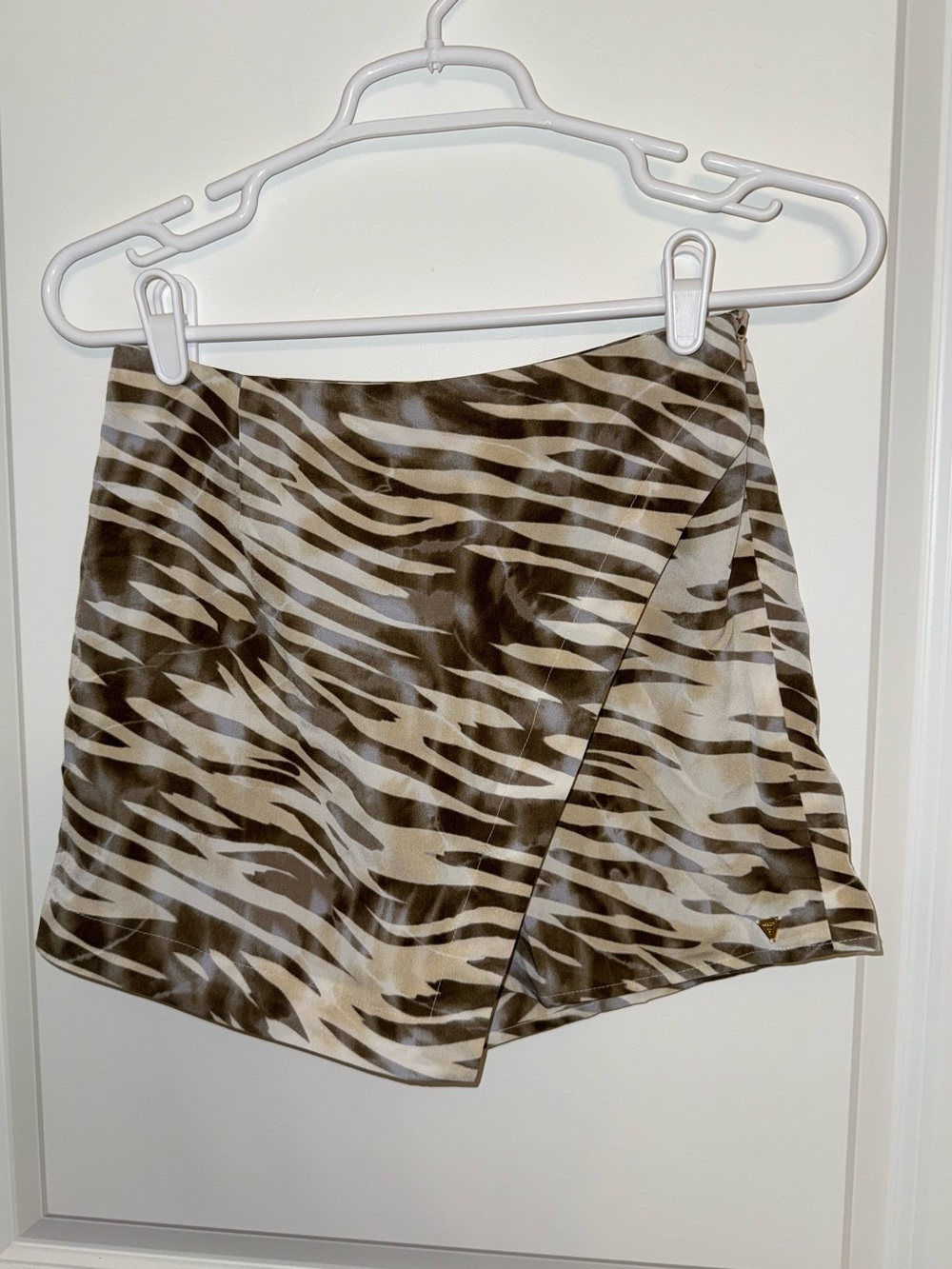 Guess Zebra-Print Wrap Skort in Brown and Cream